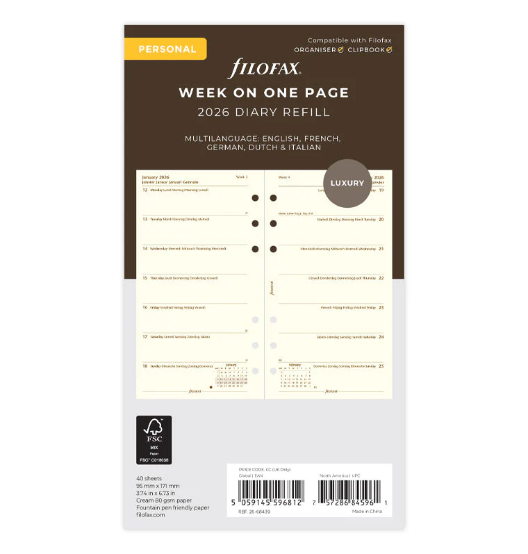 Week On One Page Diary - Personal Cotton Cream 2026 Multilanguage